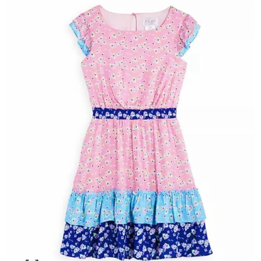 BLUSH BY US Angels Girls Floral Print Flutter Sleeve Ruffled Dress NWT 12